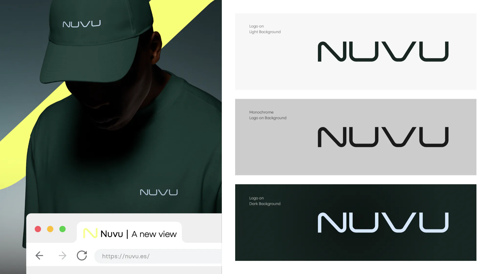 The NuVu wordmark on light, monochrome and dark backgrounds, with cap and tee