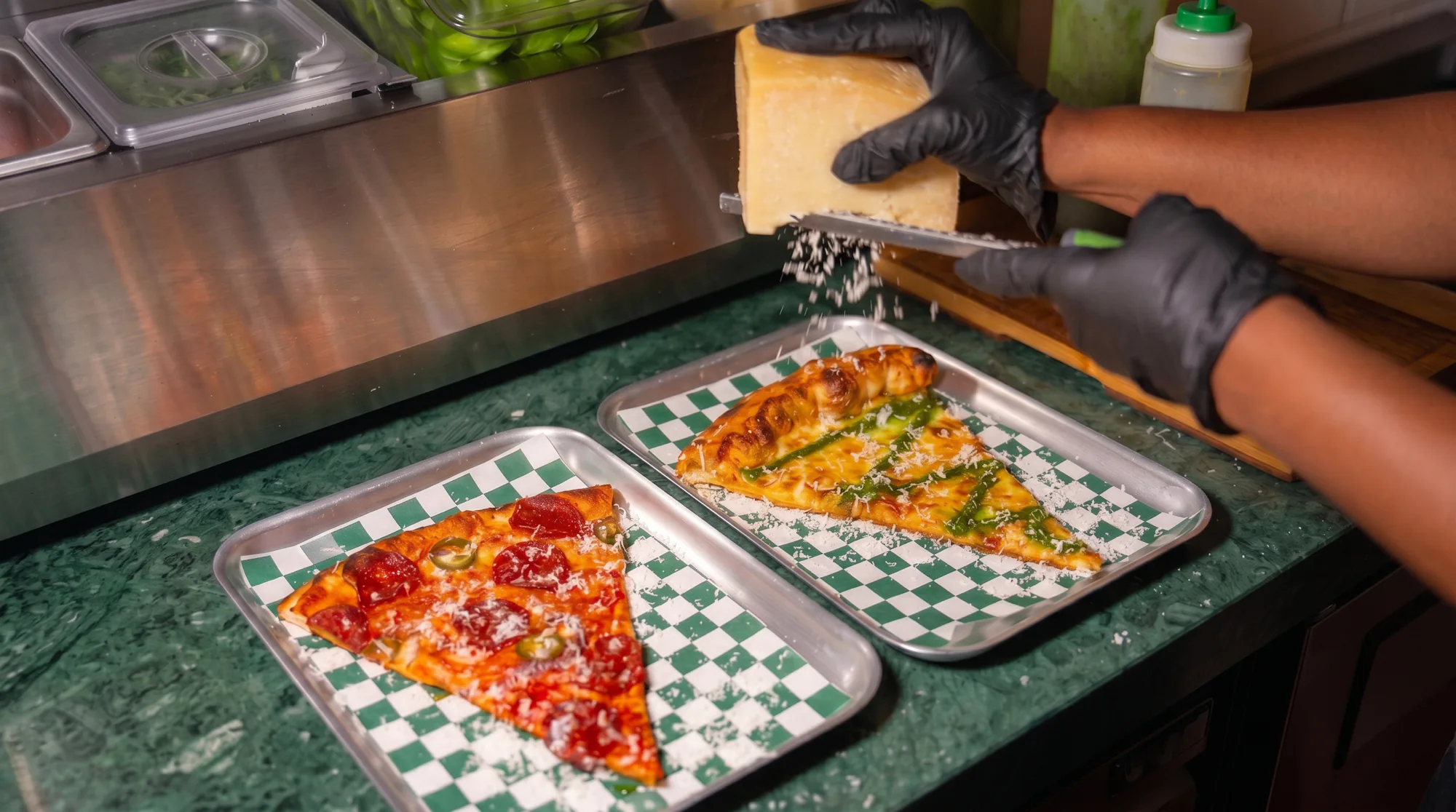 Two slices on steel trays lined with green checkerboard paper